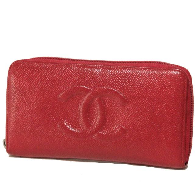 【中古】シャネル ラウンドファスナー 長財布(18961970)キャビアスキン レッド