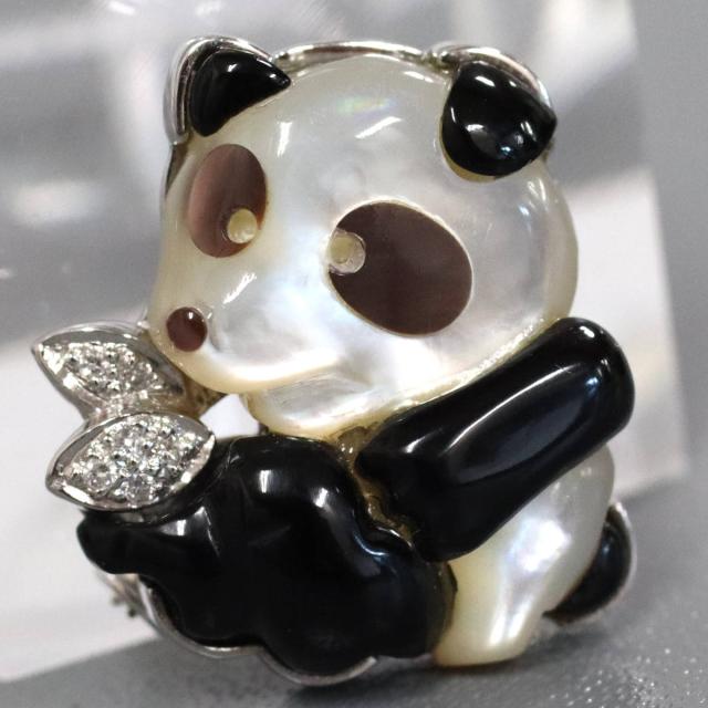 【中古】750/K14WGシェルオニキスダイヤモンドペンダントトップ/ブローチ パンダモチーフ D0.05 5.2g ホワイトゴールド