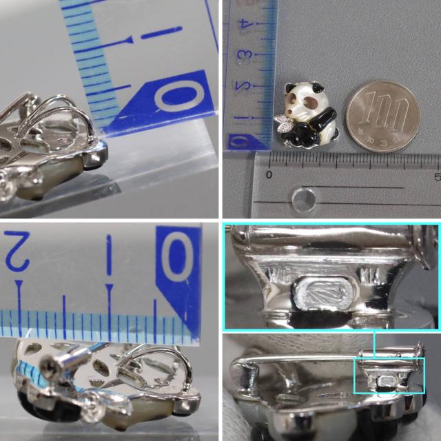 【中古】750/K14WGシェルオニキスダイヤモンドペンダントトップ/ブローチ パンダモチーフ D0.05 5.2g ホワイトゴールド_7