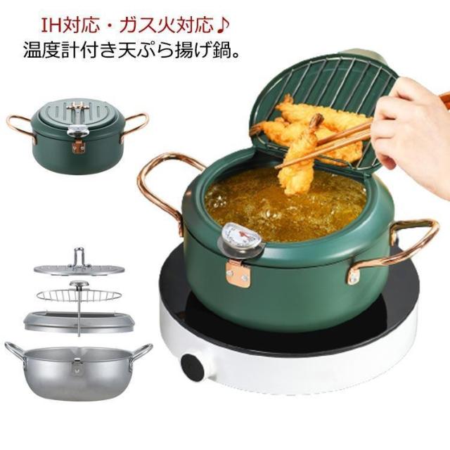 天ぷら鍋 IH対応 ガス火対応 24cm 20cm 付き 蓋付き 天婦羅鍋 揚げ物鍋 揚げ物 両手フライ鍋 鉄鍋 油切り網付き 揚げ鍋 注ぎ口