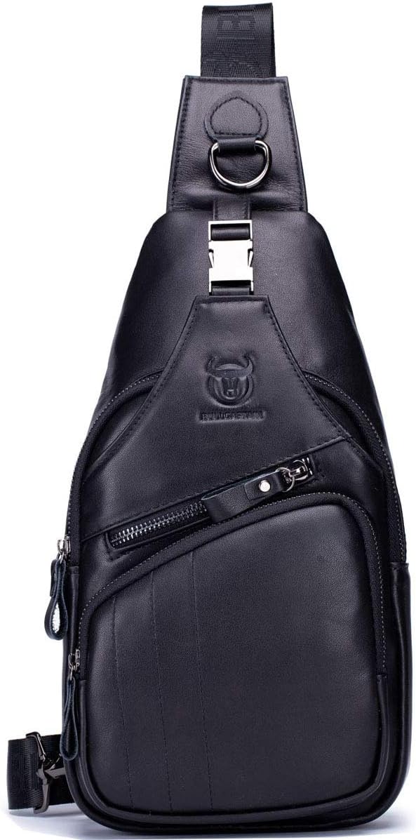 QUEAMBLER レザースリングバッグ メンズ レザー カジュアル クロスボディ ショルダー チェストバッグ 旅行 ハイキング デイパック バックパック  ブラック