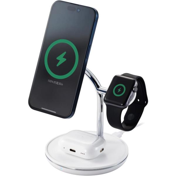 エレコム ワイヤレス充電器 ワイヤレス 充電 Qi2 15W 3in1 スタンド型 MFA認証 ホワイト W-MS08WH