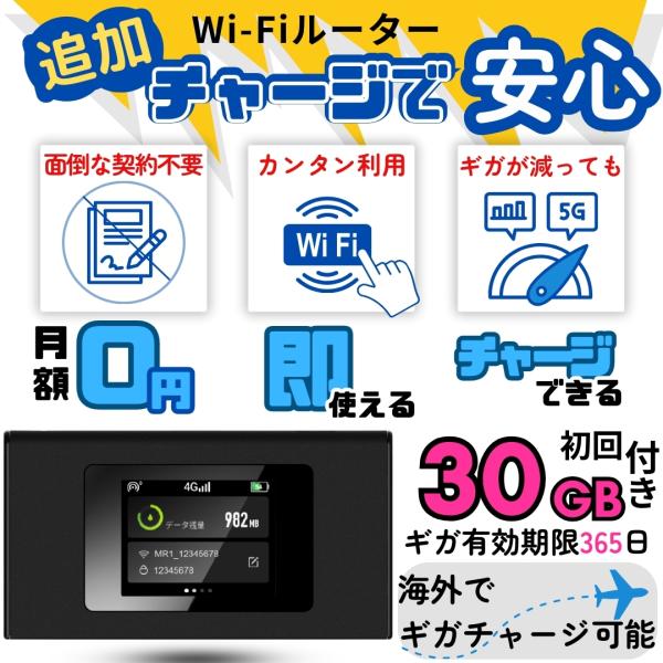 ポケットWiFi 30GB 365日 ギガ付き セット ルーター モバイルルーター 1年間 簡単チャージ 電源入れてすぐ使える 契約不要 月額費用無し SIM不要 端末買い切り_1