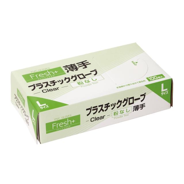 大黒工業　フレッシュプラス　プラスチックグローブ　薄手　Lサイズ　粉なし　100枚×30箱入【取り寄せ商品・即納不可】