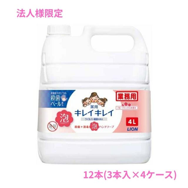 【法人様限定】ライオン　キレイキレイ薬用泡ハンドソープ　フルーツミックスの香り　4L×3本入×4ケースロット【取り寄せ商品・代引き不可・時間指定不可・沖縄、北海道、離島不可】