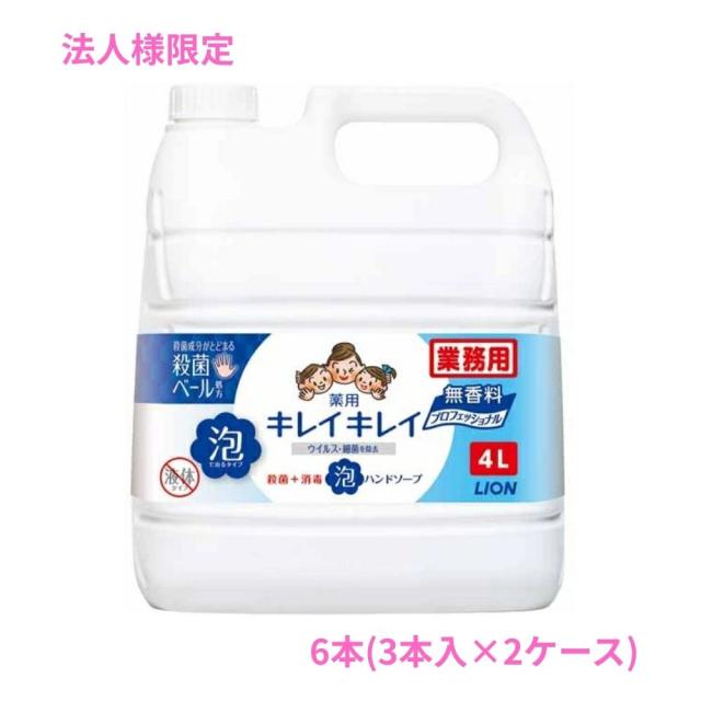 【法人様限定】ライオン　キレイキレイ薬用泡ハンドソープ　無香料　4L×3本入×2ケースロット【取り寄せ商品・代引き不可・時間指定不可・沖縄、北海道、離島不可】