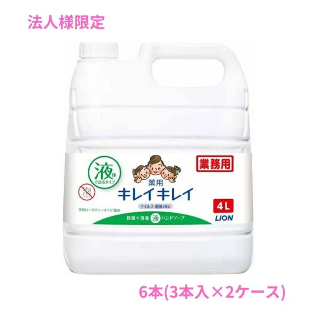 【法人様限定】ライオン　キレイキレイ薬用液体ハンドソープ　4L×3本入×2ケースロット【取り寄せ商品・代引き不可・時間指定不可・沖縄、北海道、離島不可】