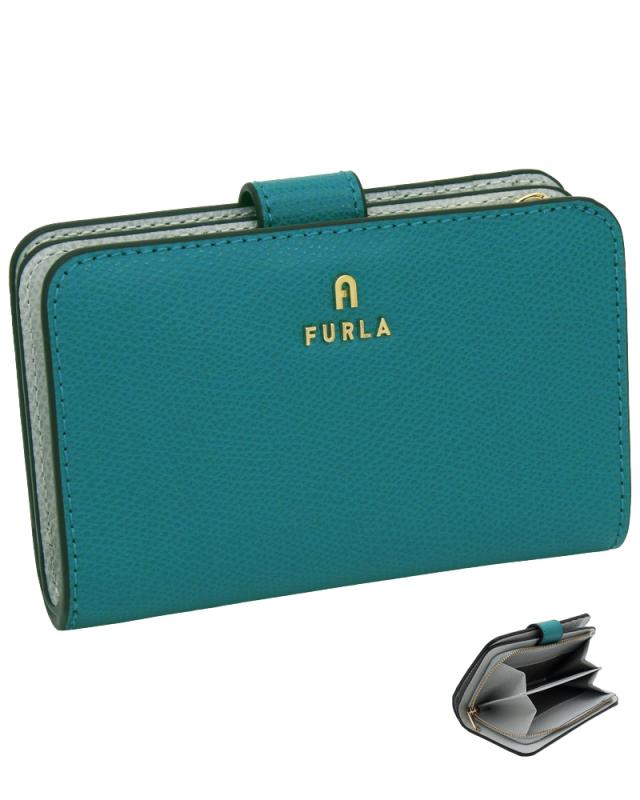 【2026年春夏 新作】 フルラ Furla Camelia コンパクト財布 M AMATORE BLUE+COLOR CRISTALLO d int. グリーン+グレー WP00314_ARE000_1007_4505S カメリア 二つ折り コンパクトウォレット レディース 【新品 新作 未使用 正規品】