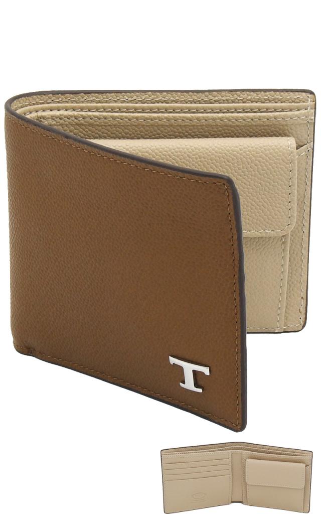 【2026年春夏新作】 トッズ TODS レザー ウォレット XAMTSYBB300UZO4L95 tods 小銭入れ付 二つ折り財布 ブラウン+ベージュ メンズ 【新品 新作 未使用 正規品】