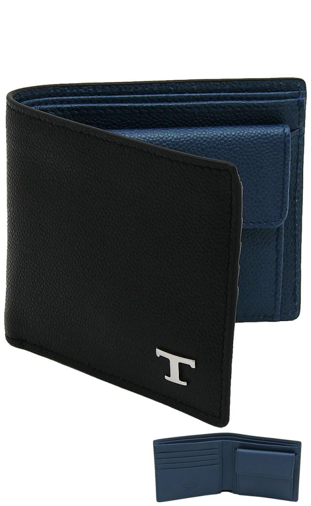 【2026年春夏新作】 トッズ TODS レザー ウォレット XAMTSYBB300UZODC34 tods 小銭入れ付 二つ折り財布 ブラック+ブルー メンズ 【新品 新作 未使用 正規品】