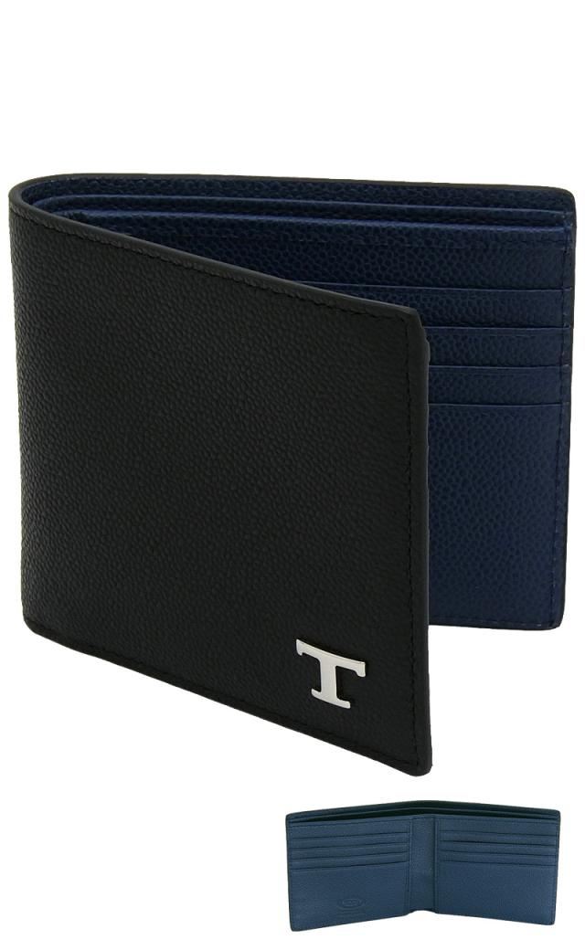 【2026年春夏新作】 トッズ TODS レザー ウォレット XAMTSYC0300UZODC34 tods 二つ折り財布 ブラック+ブルー メンズ 【新品 新作 未使用 正規品】