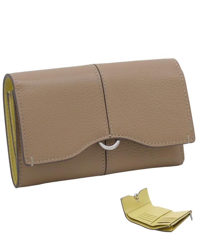 【2026年春夏新作】 トッズ TODS レザー ウォレット XAWDBNB3300XXB5L11 tods 三つ折りコンパクト財布 小銭入れ付 ブラウン+イエロー レディース 【新品 新作 未使用 正規品】