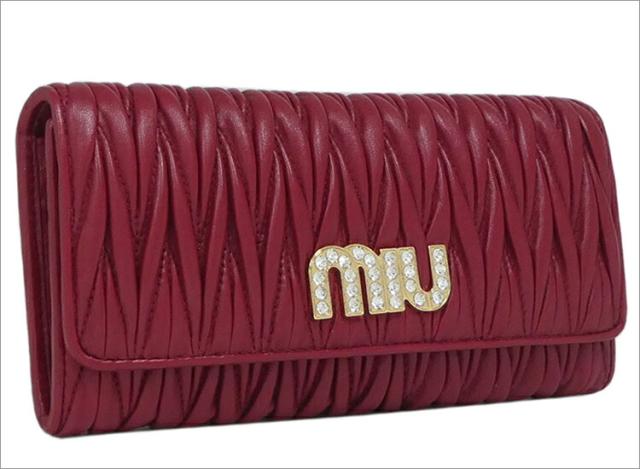 【訳アリ　アウトレット】ミュウミュウ マテラッセ クリスタル 二つ折 長財布 MIU MIU 5MH109 2BSQ F0041 MATELASSE MIU CRYSTAL RUBINO ルビーレッド シープレザー レディース miumiu