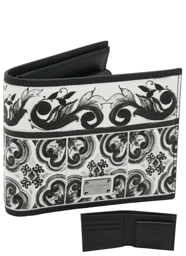 【2025年秋冬新作】 ドルチェ＆ガッバーナ DOLCE&GABBANA マヨリカプリント カーフスキン ウォレット BP3102AN719IU3TN ドルガバ 二つ折り コンパクトウォレット 小銭入れ付財布 ホワイト+ブラック メンズ 【新品 新作 未使用 正規品】