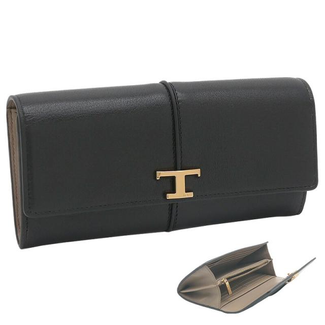トッズ TOD'S T タイムレス レザー ウォレット XAWTSKB0400TLS056T tods 二つ折り長財布 小銭入れ付 ブラック+グレージュ レディース 【新品 新作 未使用 正規品】