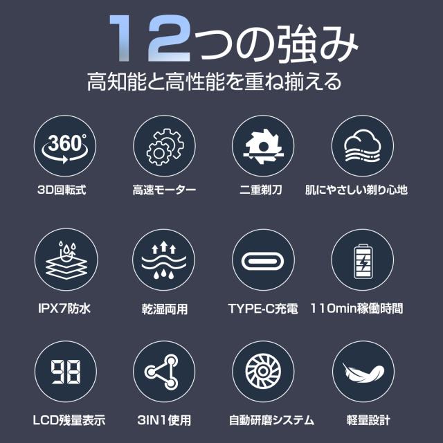 シェーバー メンズ 髭剃り 多機能電気シェーバー 3IN1 ひげそり 電動ひげそり 回転式 3枚刃 LCD電池残量表示 IPX7防水 type-c充電式 ロック機能 トリマー刃付