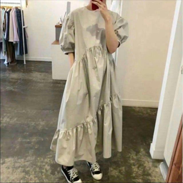 パフスリーブボリュームフレアロングワンピース★半袖/ボリューム袖/フ