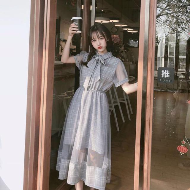 人気のシアーサテンリボンチェック柄マキシドレス