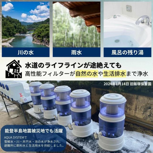 【能登半島地震で活躍実績あり！】アクアシステム浄水器 災害時浄水器 ろ過器 防災 家庭用浄水器 家庭用 雨水 ろ過 飲み水 災害用水 井戸水 川の水 浄水器サーバー 災害用 井戸水対応 浄水器本体 濾過器 持ち運べる 電源不要 電気不要 浄水器カートリッジ 14L-16L-24L使用可能_2