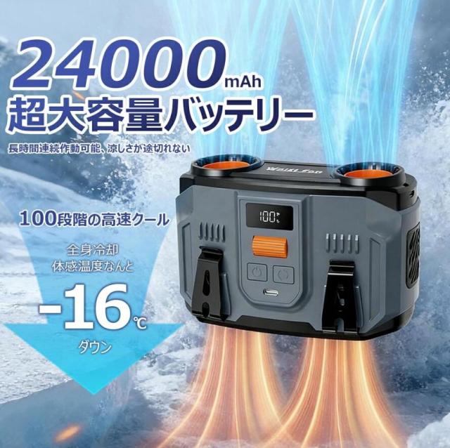 【2026新型】腰掛け扇風機 扇風機 冷風機 携帯扇風機 100段階風量 24000mAh USB充電式 ダブル送風 強力冷風 首掛け 腰掛け 卓上 大容量 暑さ対策