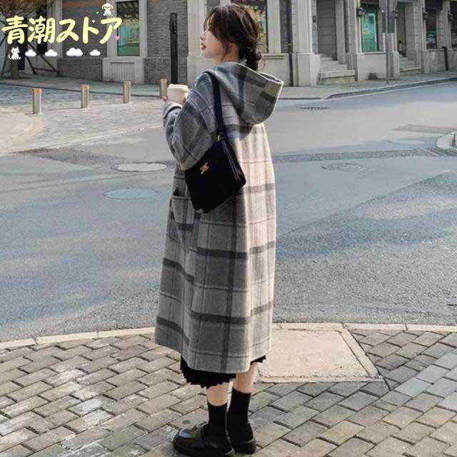 ダッフルコート レディース フード付き チェックコート 秋冬 レディースコート ロング丈 メルトンコート アウター 長袖 可愛い チェック柄 ダッフル コート チェスターコート 通勤 着痩せ カジュアル 秋冬 ダッフルコート レディース フード付き チェックコート 秋冬