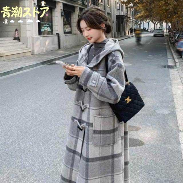 ダッフルコート レディース フード付き チェックコート 秋冬