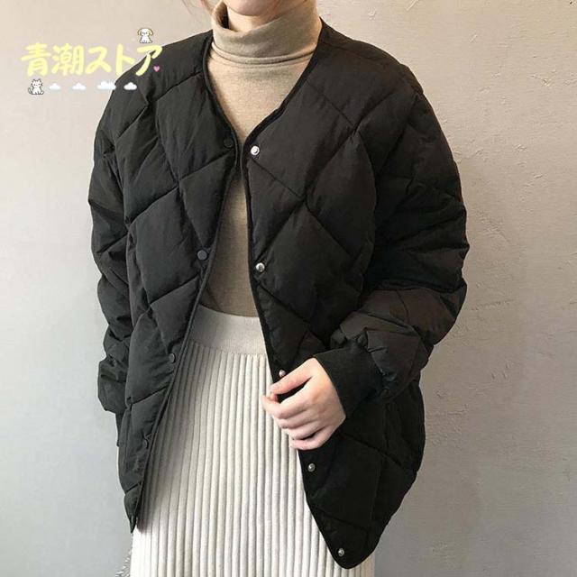 ノーカラーキルティングジャケット 中綿 コート ジャケット レディース アウター 羽織り 上着 長袖 キルティングジャケット ノーカラー オーバーサイ_3
