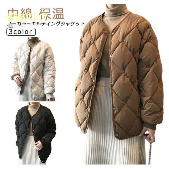 ノーカラーキルティングジャケット 中綿 コート ジャケット レディース アウター 羽織り 上着 長袖 キルティングジャケット ノーカラー オーバーサイ_5