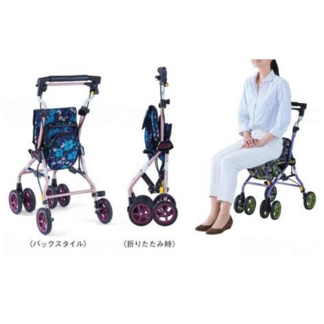 【GWポイント2倍！5/6 23:59まで！】シルバーカー ライトステップタイニーW ヌーボー レガロ 軽量 コンパクト 座れる 座面付き 駐車ストッパー 反射板付 杖・傘立て付 さびにくい バイオレット ピンク モノトーン おしゃれ柄 手押し車 散歩 買い物 通院 病院 旅行 プレゼン_1