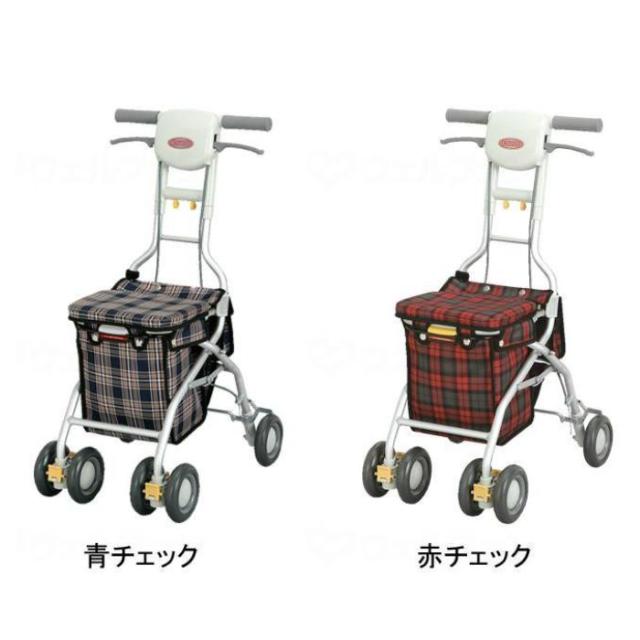 【全品ポイント5倍！6/12 9:59まで！】シルバーカー サンフィールショッピング 大容量8L＋1Lバッグ アロン化成 ブルー レッド チェック柄 座れる 座面付き コンパクト 折りたたみ 手元ブレーキ 駐車ストッパー 手押し車 おしゃれ 散歩 買い物 旅行 プレゼント 父の日 敬老の_1