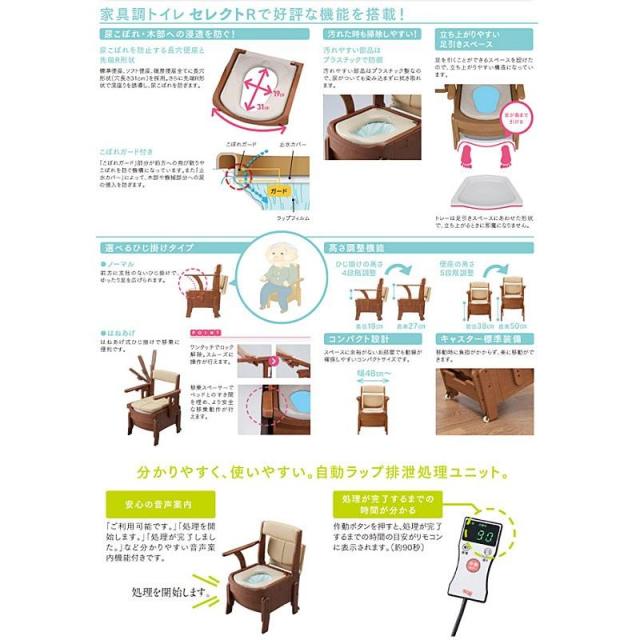 【全品ポイント5倍！6/12 9:59まで！】家具調トイレ セレクトR 自動ラップ ノーマル  暖房便座 (暖房便座 天然木 ) ポータブルトイレ 介護用品 アロン化成 安寿 在宅介護 施設 福祉_4