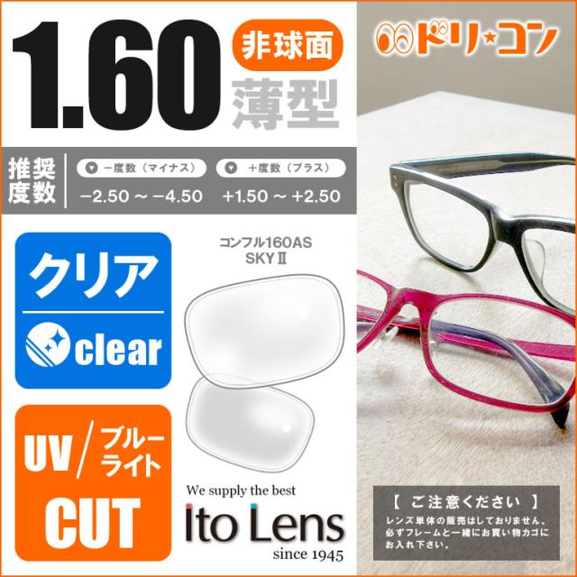 ◇オプション ネコメガネ薄型クリアレンズ 160非球面【コンフル160AS SKYII】