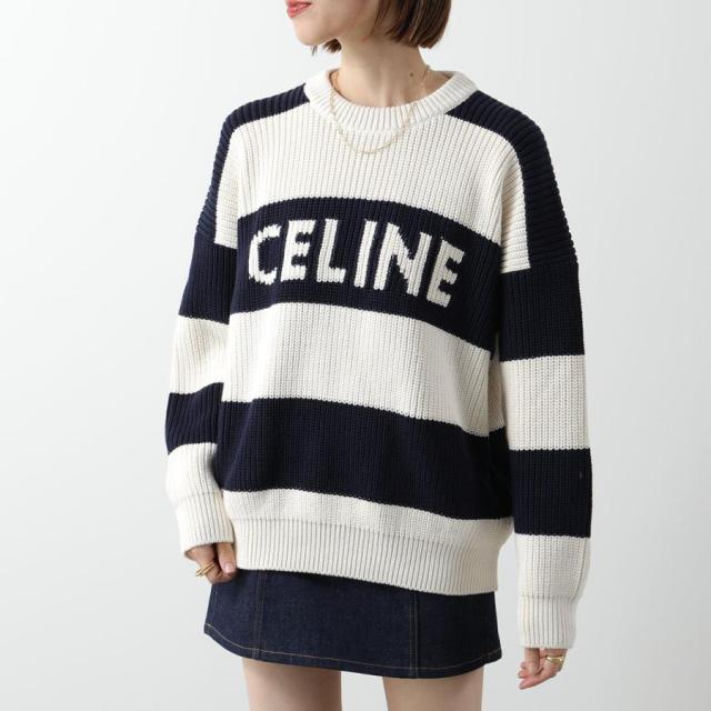 CELINE セリーヌ セーター 2ADCW481Y.01YV メンズ コットン ニット ボーダー ロゴ 長袖 オーバーサイズ クルーネック ホワイト×ネイビー