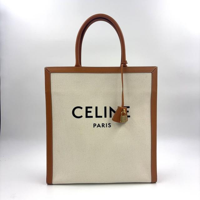 CELINE レザー×コットン アイボリー×ブラウン トートバッグ ゴールド