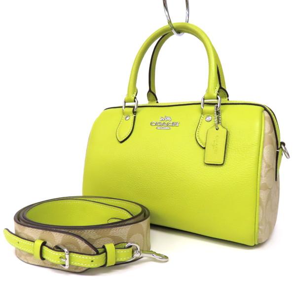 【極美品】COACH コーチ ローアンサッチェル 2WAY ミニボストンバッグ ハンドバッグ ショルダーバッグ シボ革 レザー×PVC 黄緑 イエローグリーン×ベージュ レディース