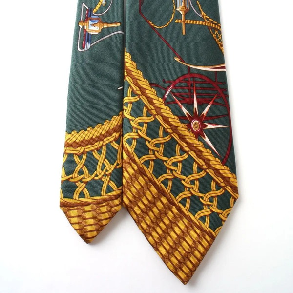 【中古】 HERMES エルメス ネクタイ 総柄 シルク100% グリーン×ゴールド系 フランス製_4