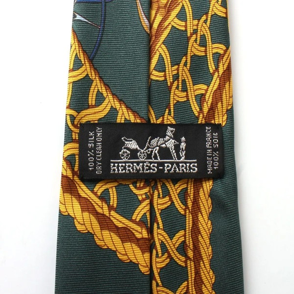 【中古】 HERMES エルメス ネクタイ 総柄 シルク100% グリーン×ゴールド系 フランス製_6