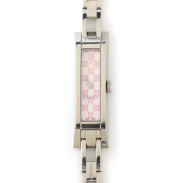 【中古】GUCCI グッチ GG柄文字盤 腕時計 稼動品 シルバー 文字盤シェルホワイト×ピンク 110 アナログ 2針 スイス製