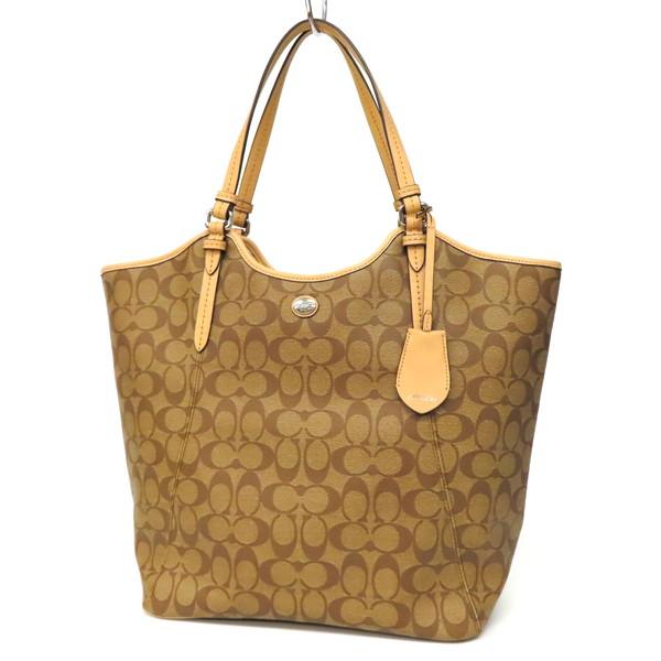 【美品】COACH コーチ シグネチャー トートバッグ ショルダーバッグ PVC×レザー ベージュ×キャメル レディース