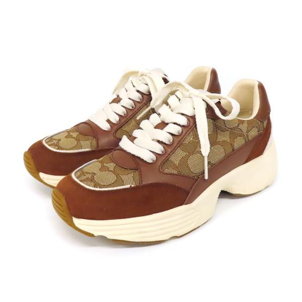 【極美品】 COACH コーチ スニーカー シグネチャー柄 キャンバス×レザー ローカット ランニングシューズ 23cm ベージュ×ブラウン レディース