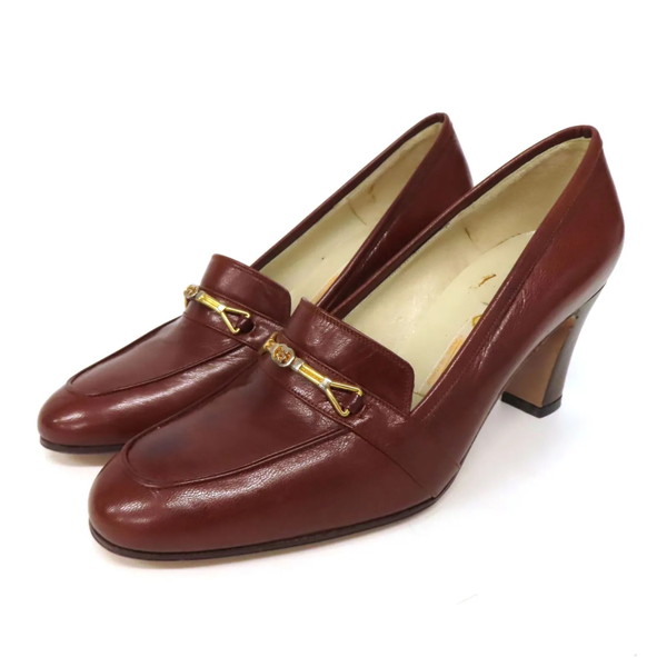 【未使用 訳有】GUCCI グッチ インターロッキング ロゴゴールド金具 レザー ローファー パンプス ヒール シューズ 靴 size35 茶 ブラウン イタリア製