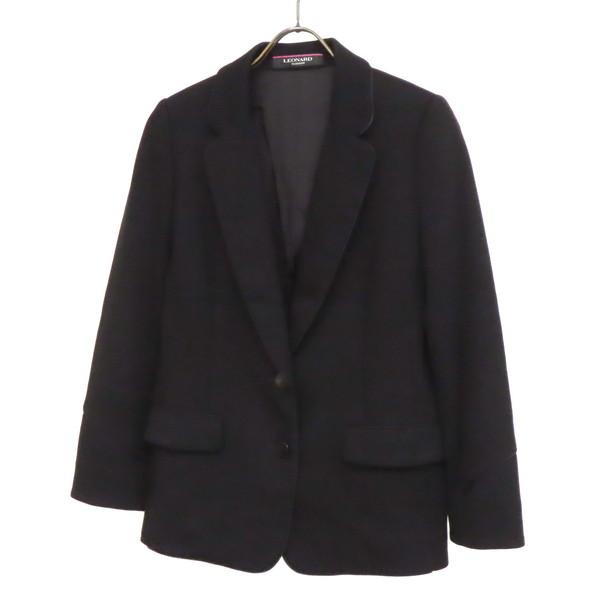【美品】LEONARD FASHION レオナールファッション テーラード ジャケット ブレザー ウール 2つ釦 袖口花柄 size38 黒 ブラック 日本製 レディース