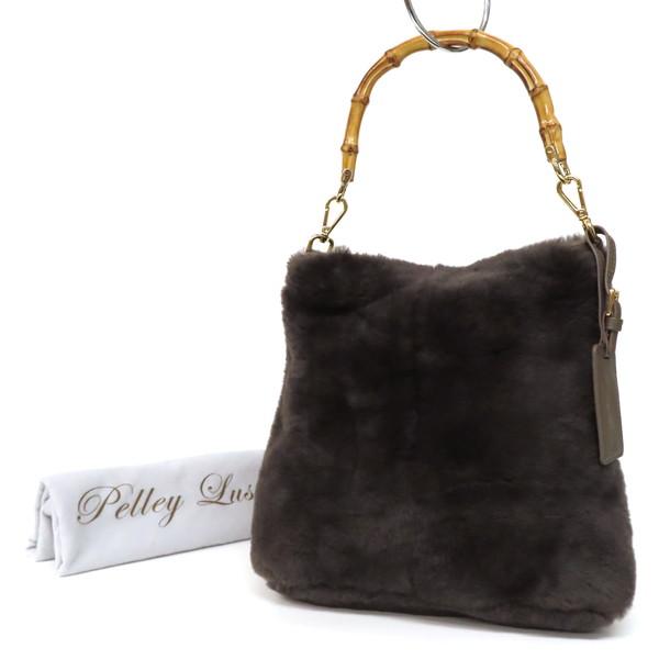 【極美品】Pelley Lusso ペレリールッソ ハンドバッグ 羊革 ムートン ファー バンブーハンドル ブラウングレー レディース