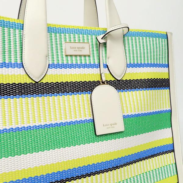 【美品】kate spade ケイトスペード マンハッタン ウーブン ストライプ ボーダー ファブリック ラージ 2WAY トートバッグ ショルダーバッグ スクエア イエロー×グリーン系マルチカラー レディース_1
