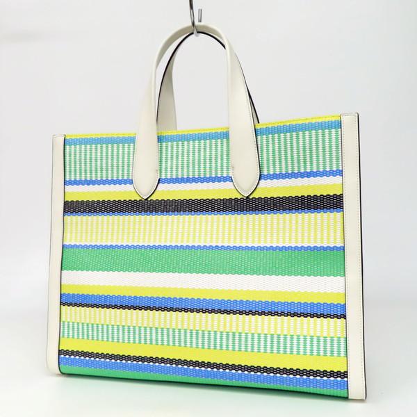 【美品】kate spade ケイトスペード マンハッタン ウーブン ストライプ ボーダー ファブリック ラージ 2WAY トートバッグ ショルダーバッグ スクエア イエロー×グリーン系マルチカラー レディース_2