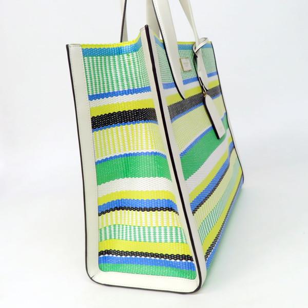 【美品】kate spade ケイトスペード マンハッタン ウーブン ストライプ ボーダー ファブリック ラージ 2WAY トートバッグ ショルダーバッグ スクエア イエロー×グリーン系マルチカラー レディース_3