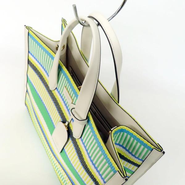 【美品】kate spade ケイトスペード マンハッタン ウーブン ストライプ ボーダー ファブリック ラージ 2WAY トートバッグ ショルダーバッグ スクエア イエロー×グリーン系マルチカラー レディース_4
