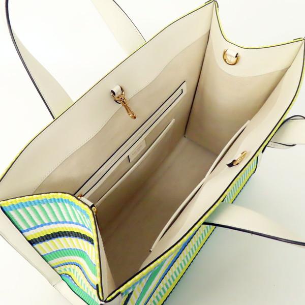 【美品】kate spade ケイトスペード マンハッタン ウーブン ストライプ ボーダー ファブリック ラージ 2WAY トートバッグ ショルダーバッグ スクエア イエロー×グリーン系マルチカラー レディース_6