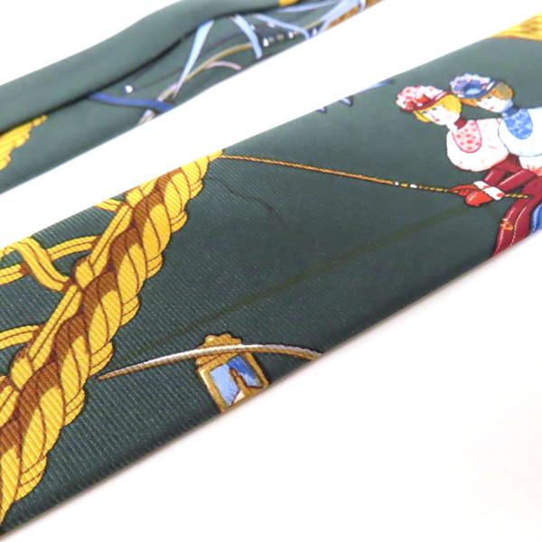 【中古】 HERMES エルメス ネクタイ 総柄 シルク100% グリーン×ゴールド系 フランス製_7