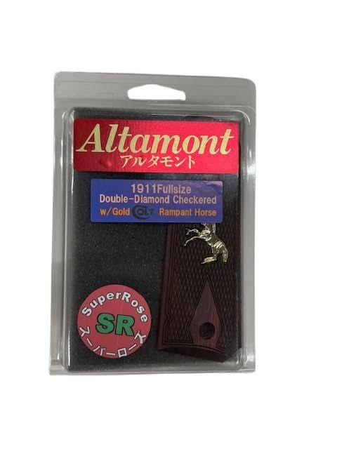 アルタモント Altamont グリップ コルト ガバメント 1911 フルサイズ ダイヤチェッカー ランパントホース 金 スーパーローズ 木製グリップ (4580597560539)_1